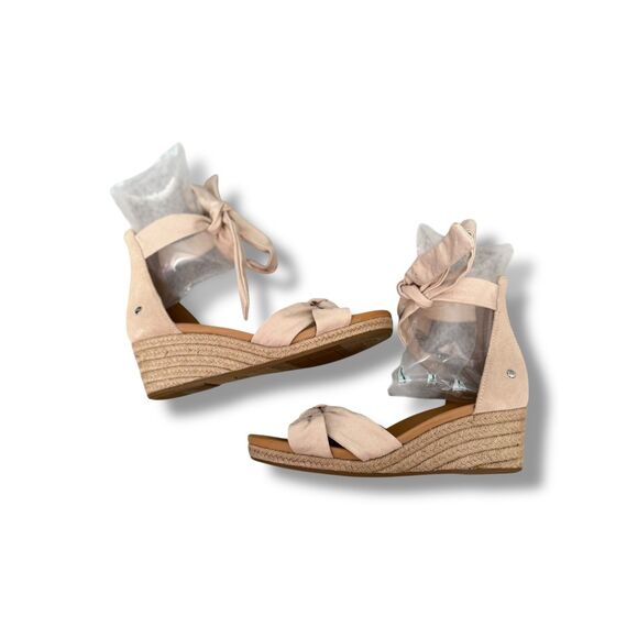 UGG Beige Linen and Suede Ankle Tie Wedge Sandals Women’s Size 10 EUC - Picture 9 of 11